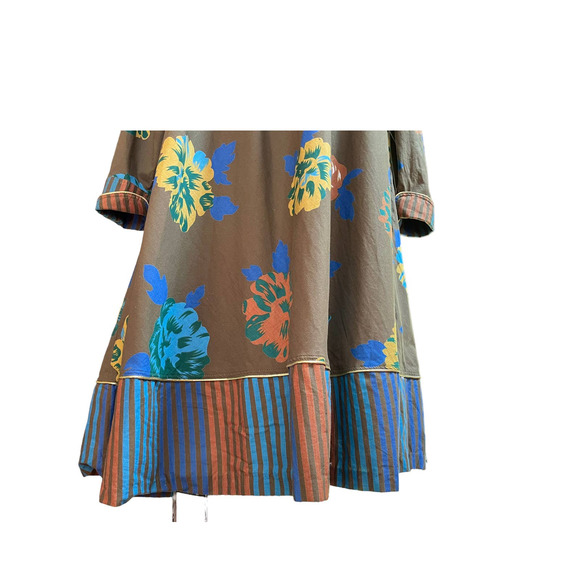 BIS Womens Vintage Midi Dress Khaki Floral High Button Neck Long Sleeve Petite - Picture 3 of 10